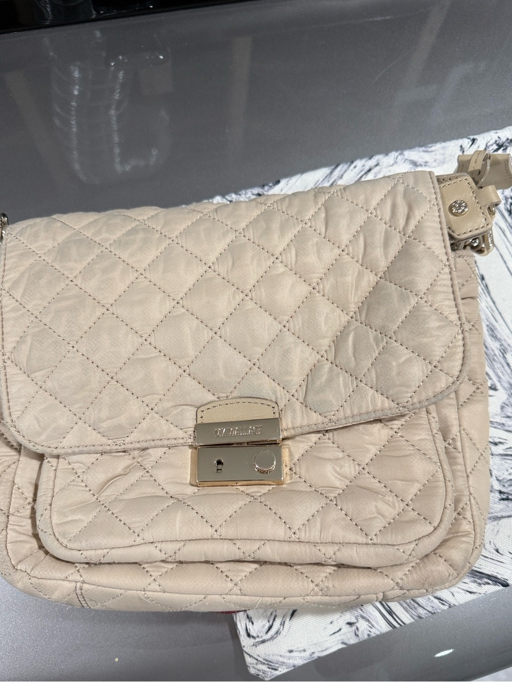 MZ Wallace Medium Crosby Lock Quilted Buff Women's Crossbody Bag with Dust Bag